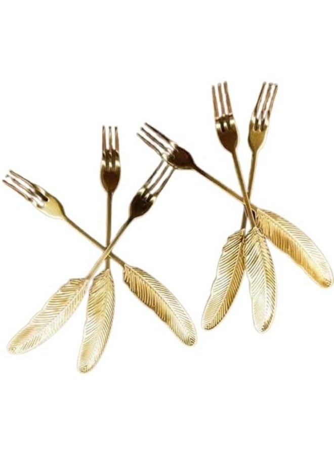 طقم شوك حلويات أنيق من الفولاذ المقاوم للصدأ بتصميم ريشة ذهبية، 6 قطع، شوك تقديم فاخرة للكيك والفواكه والحلويات، أدوات مائدة راقية للضيافة والإهداء. - Image 1